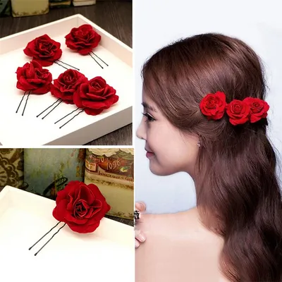 Red Fabric Rose Hair Pins (6pcs)