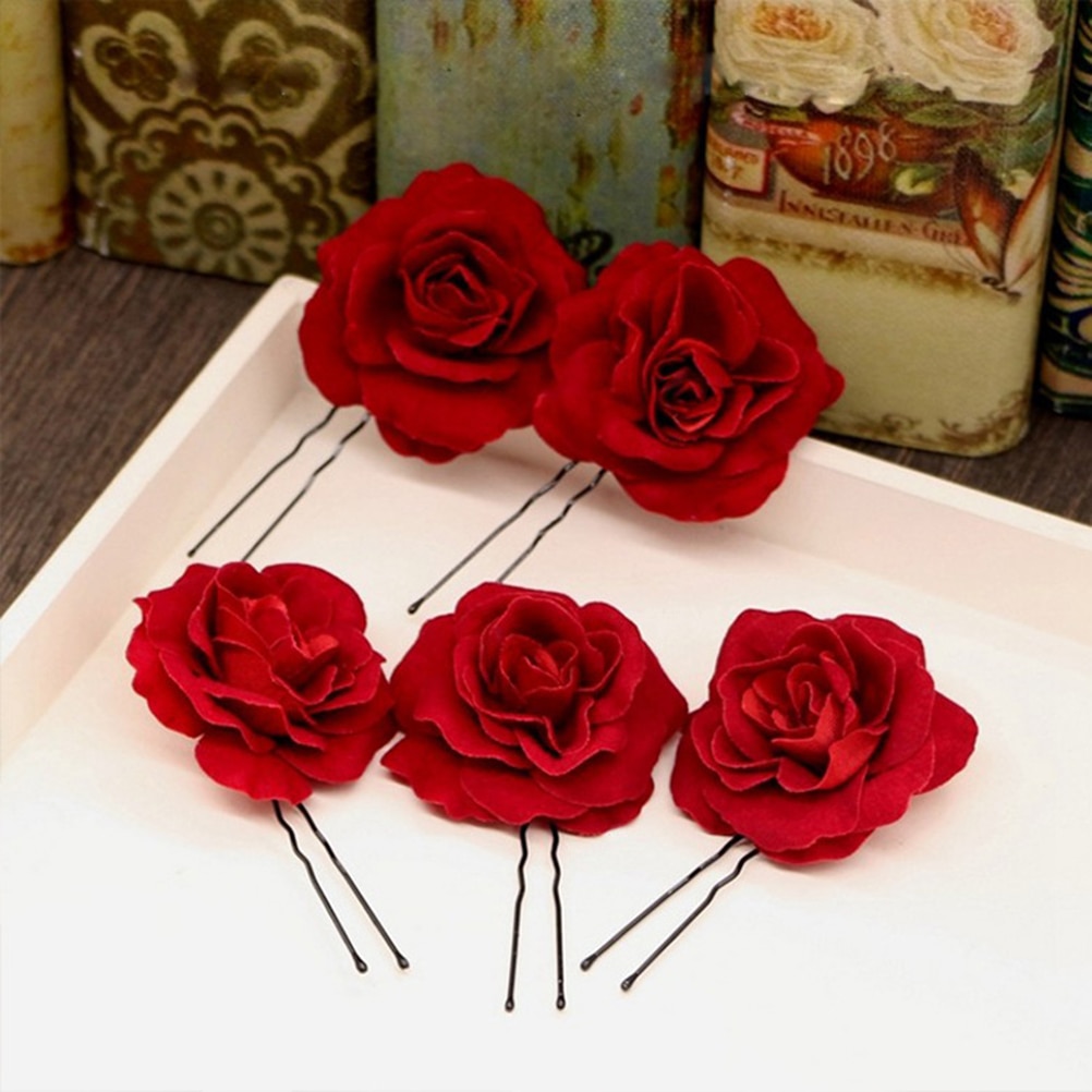 Red Fabric Rose Hair Pins (6pcs)
