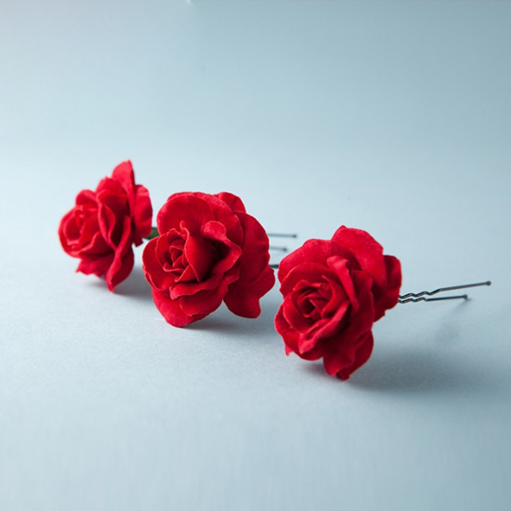 Red Fabric Rose Hair Pins (6pcs)