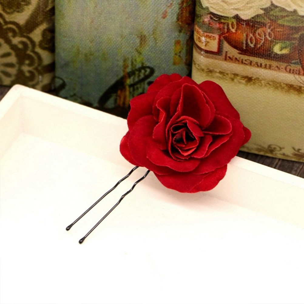 Red Fabric Rose Hair Pins (6pcs)