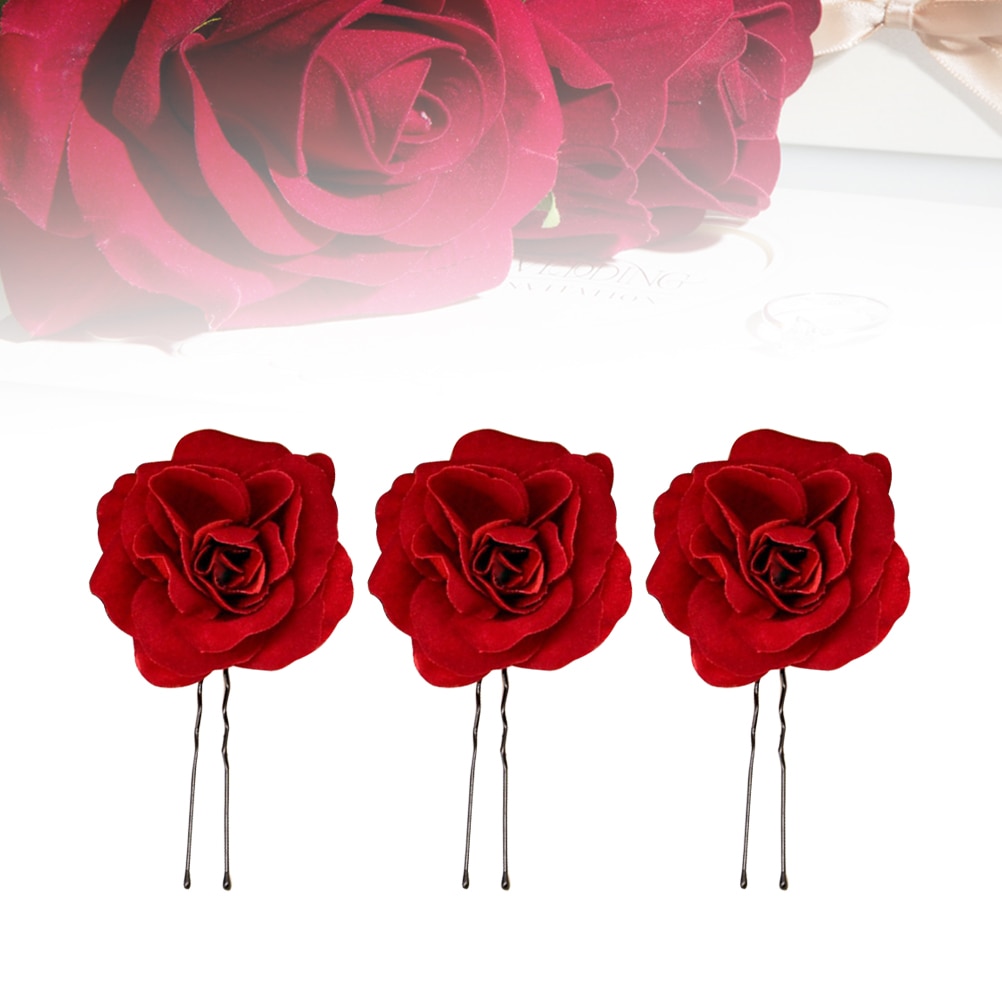 Red Fabric Rose Hair Pins (6pcs)