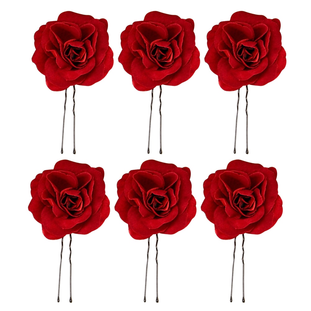 Red Fabric Rose Hair Pins (6pcs)