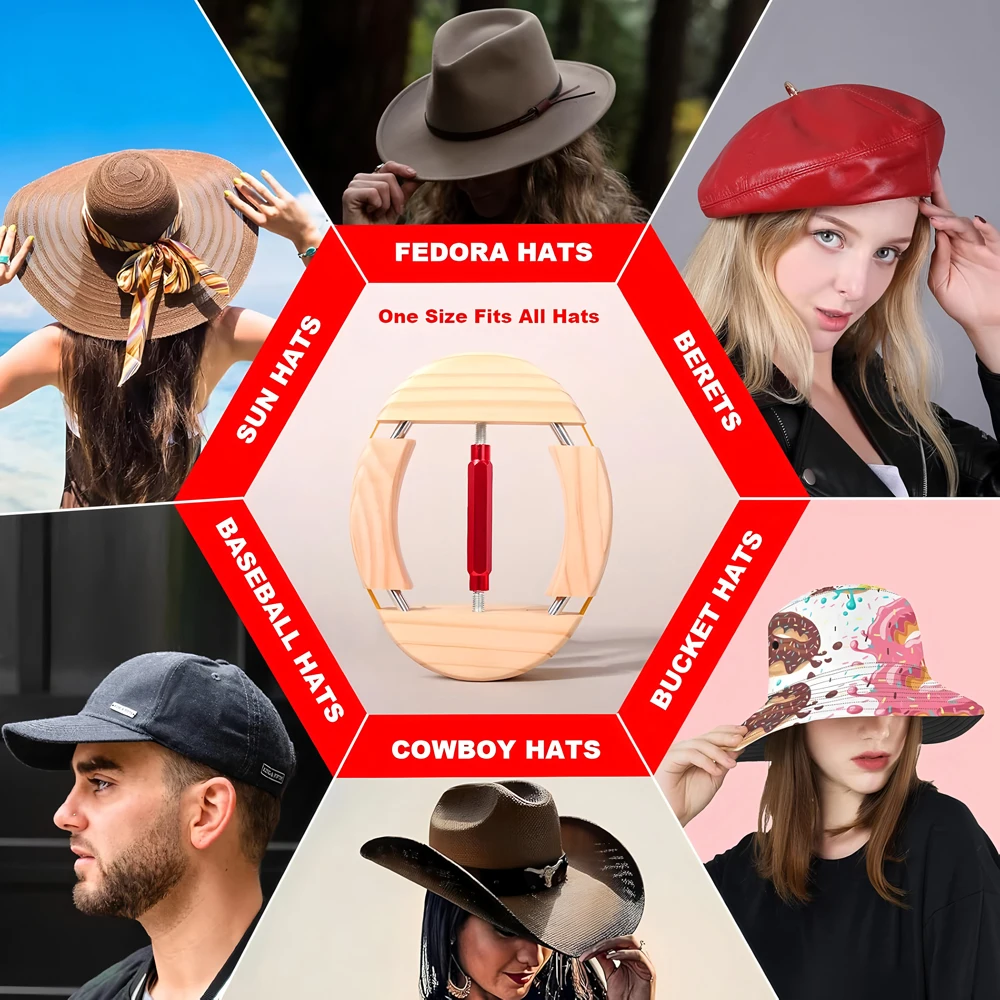 Repacego Adjustable 4-Way Wooden Hat Stretcher Cap Shape Maintainer Premium Fedora Hat Rack for Storage Cowboy Baseball