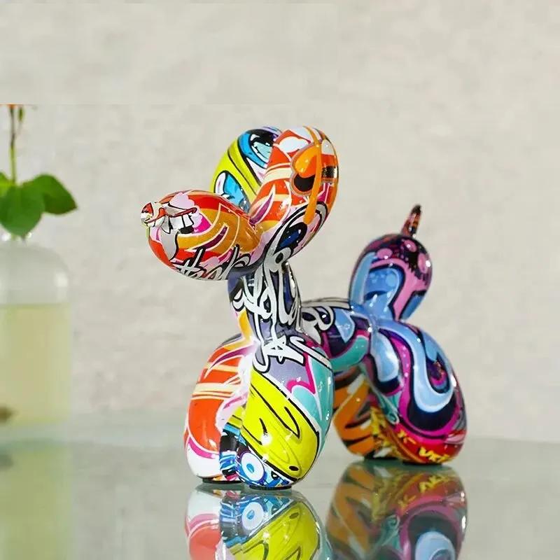 Resin Graffiti Balloon Dog Figurines for Interior Home Desktop Decoration Painting Colorful Art Animals Statue Crafts