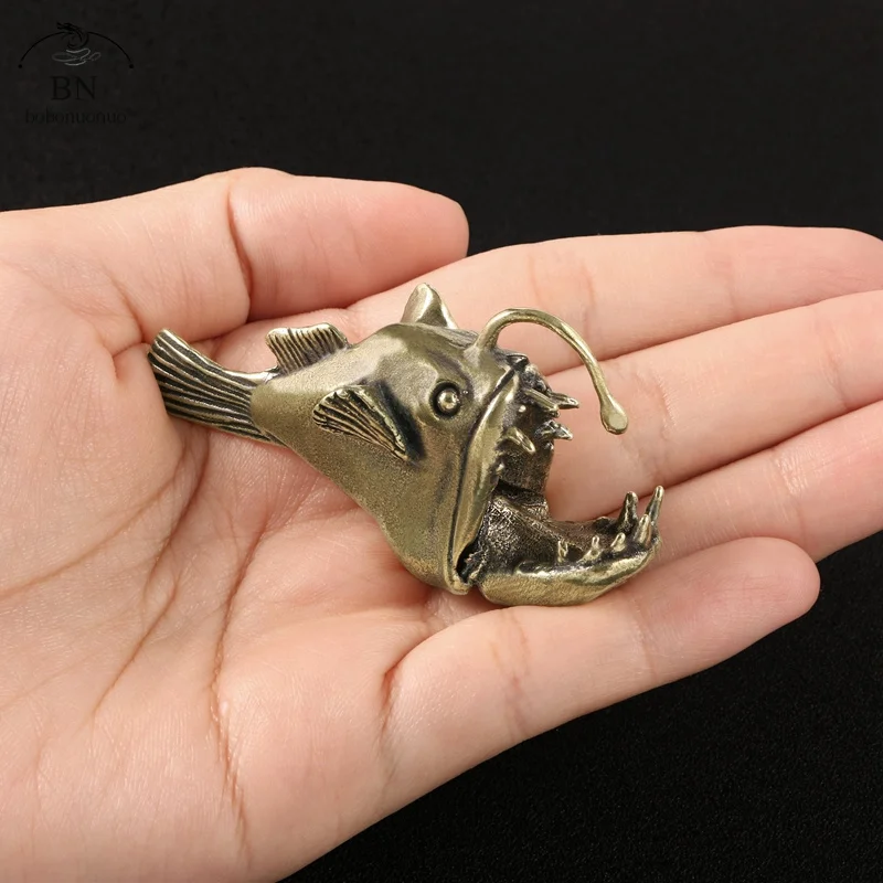 Retro Brass Ocean anglerfish Watching Fishes Sea Animals Model Fishbowl Decoration Action Figures Education Miniatures