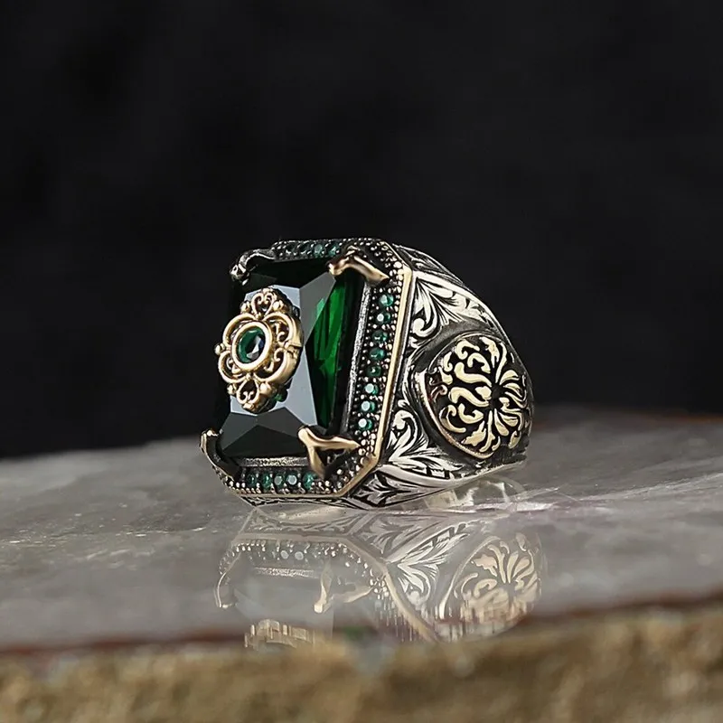 Retro Handmade Turkish Signet Ring for Men Vintage Silver Color Carving Pattern Inlay Green Zircon Party Punk Motor Retro Handmade Turkish Signet Ring for Men Vintage Silver Color Carving Pattern Inlay Green Zircon Party Punk Motor