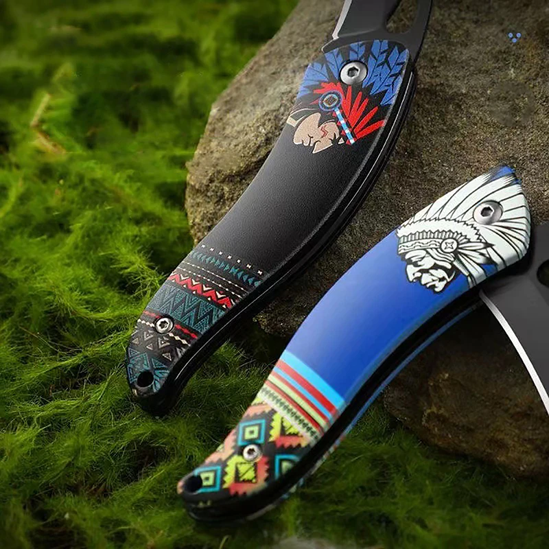 Retro Indian Pattern Folding Knife Outdoor Survival Folding Pocketknives Multifunctional Knife Portable Box Cutter