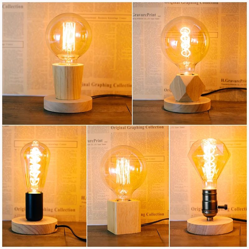 Retro Vintage Table Lamp Wood E27 Night Light 85-265V For Bedroom Bedside Desk Lamp Floor Decor Multiple shapes