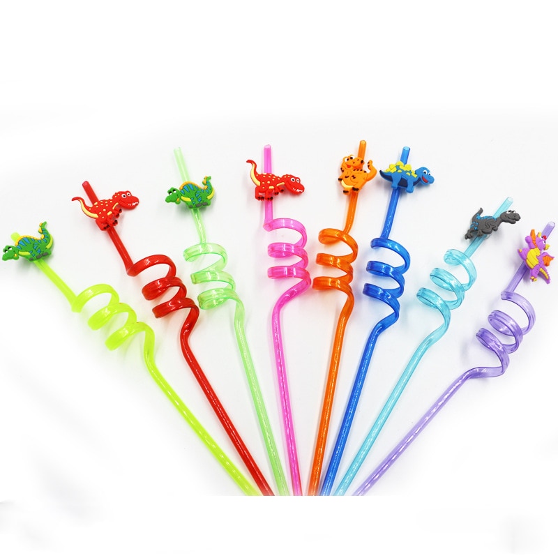 Reusable Spiral Straws with Dino Toppers (8 pcs)