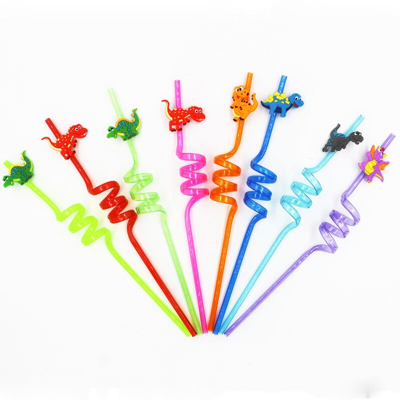 Reusable Spiral Straws with Dino Toppers (8 pcs)