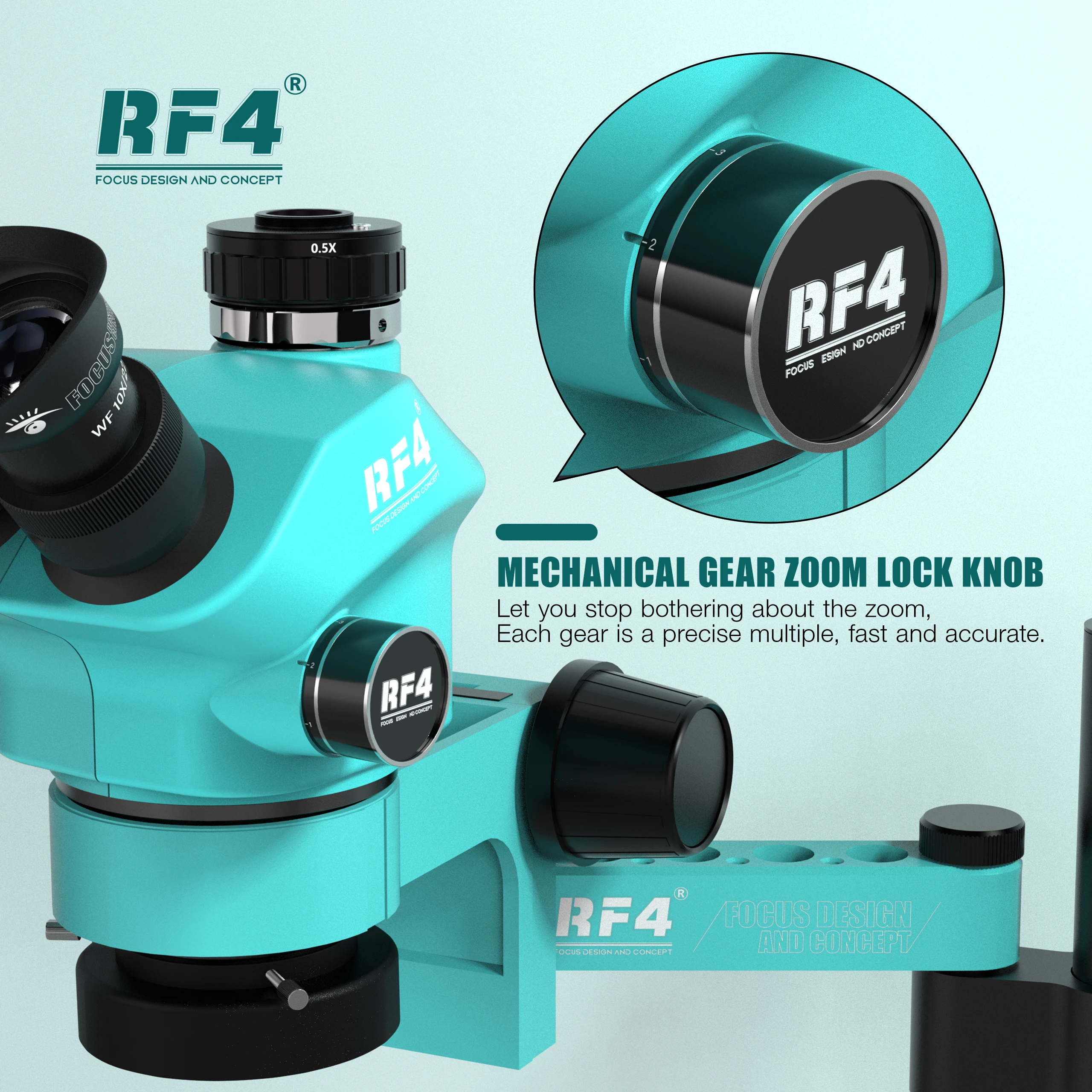 RF4 6 Speed Precise Locking Magnification Zoom ，360 ° Rotation Adjustable Swing Arm Universal Stereo Microscope