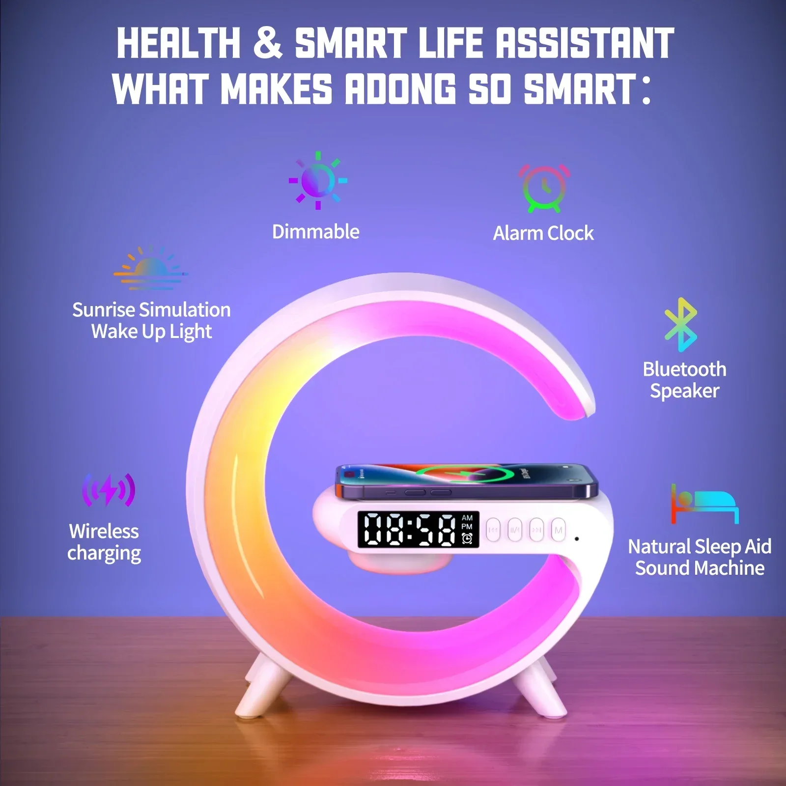 RGB Night Light Lamp Multifunction Alarm Clock TF Blueotooth Speaker 15W Wireless Charger Station Pad