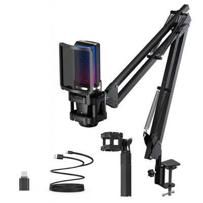 RGB Recording Microphone With Articulated Arm/USB Condenser Mic with Tripod For Gaming Podcasting Streaming Youtube