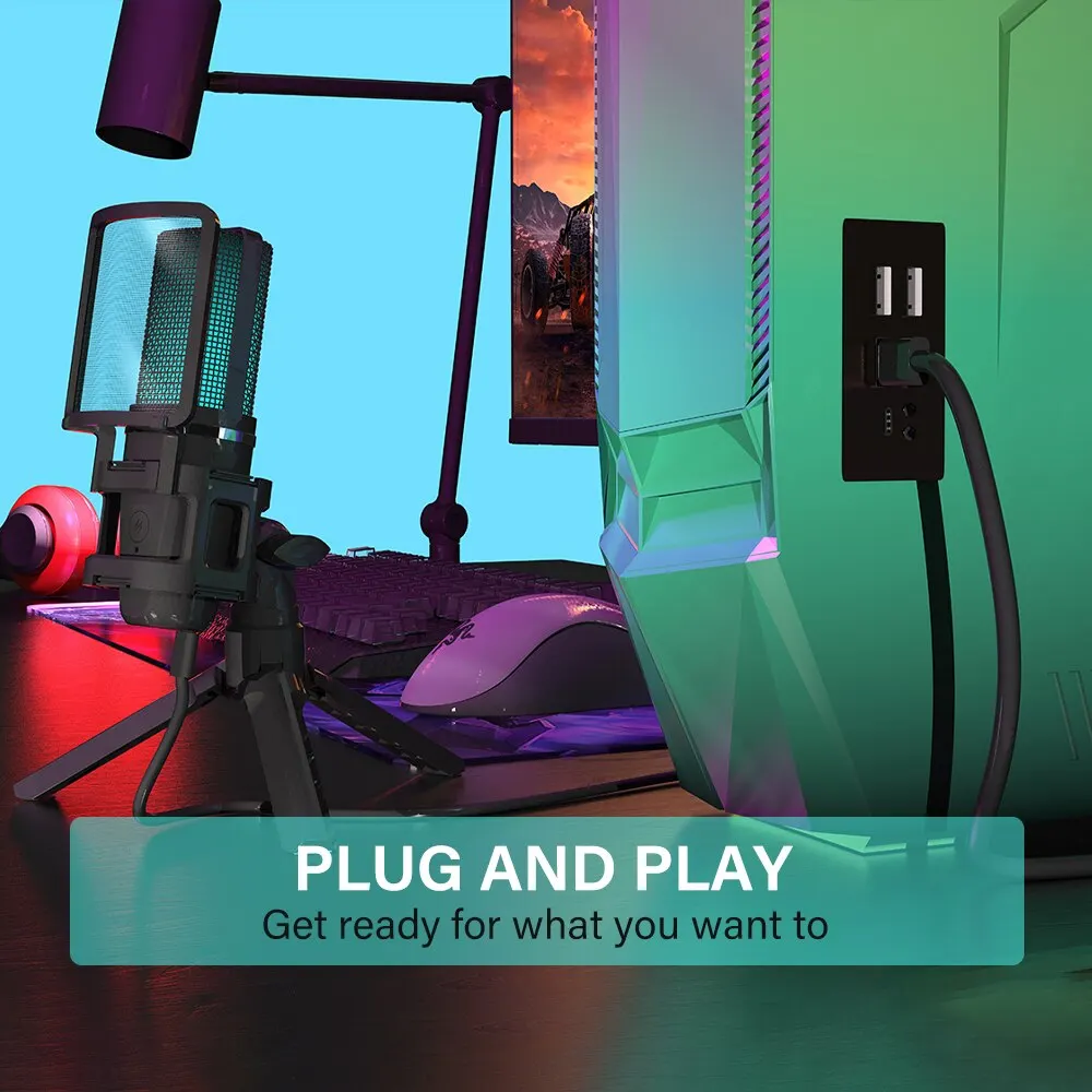 RGB Recording Microphone With Articulated Arm/USB Condenser Mic with Tripod For Gaming Podcasting Streaming Youtube