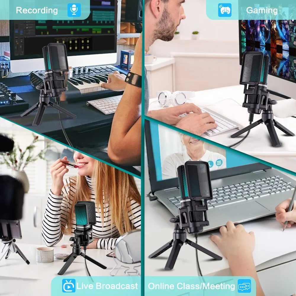 RGB Recording Microphone With Articulated Arm/USB Condenser Mic with Tripod For Gaming Podcasting Streaming Youtube