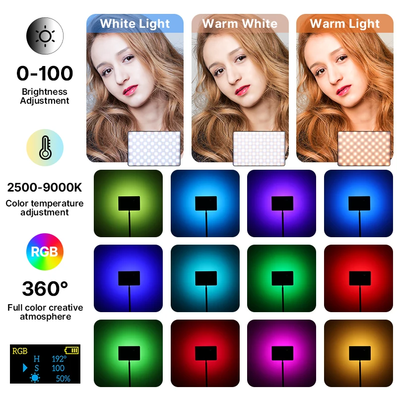 RGB Video Light Full Color Panel Light 8000mAh Dimmable 2500-9000K CRI 95+ Photo Studio Lamp 266 Beads Livestream
