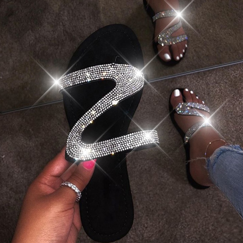 Rhinestone Flat Sandals Slip-On Footwear Rhinestone Flat Sandals Slip-On Footwear