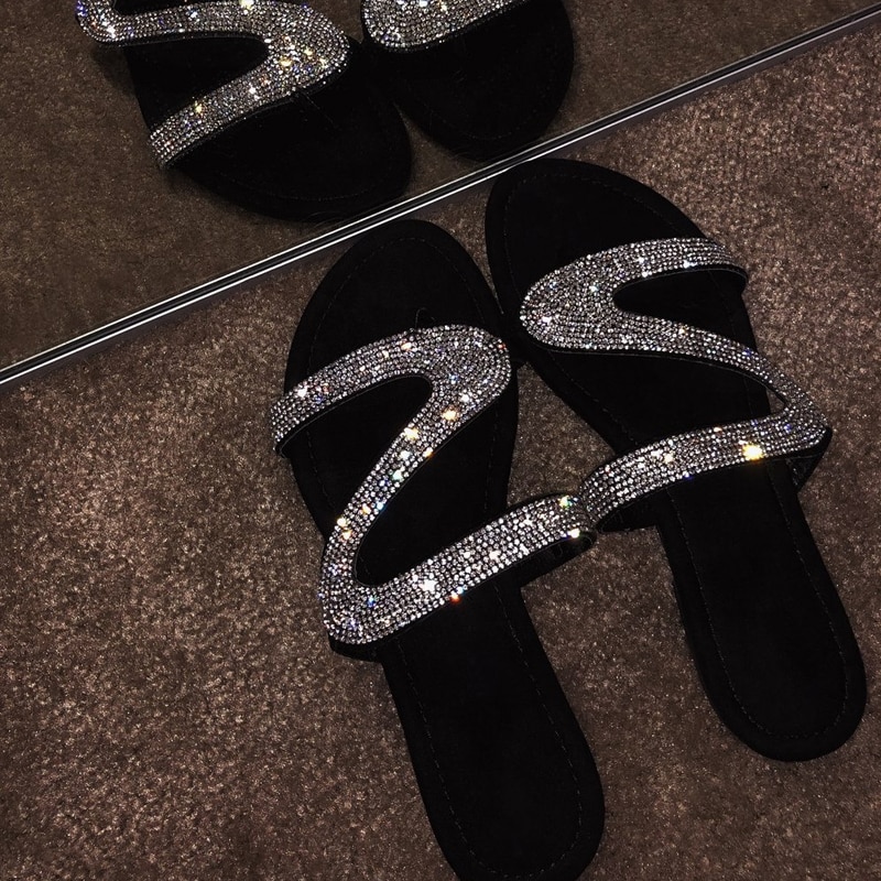 Rhinestone Flat Sandals Slip-On Footwear Rhinestone Flat Sandals Slip-On Footwear