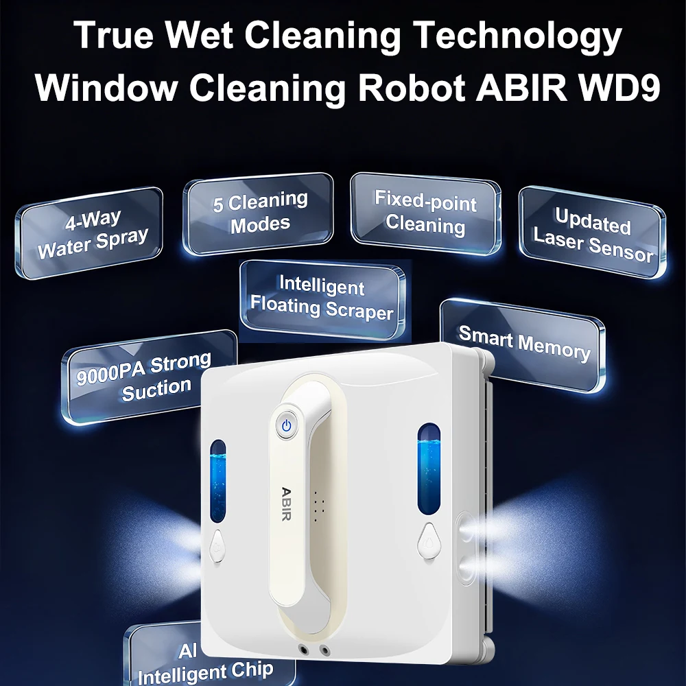 Robot Window Vacuum Cleaner ABIR WD9,4-Way Water Spray, Laser Sensor,9000PA Suction, Low Nosise,Wet Dry Scrape & Wipe