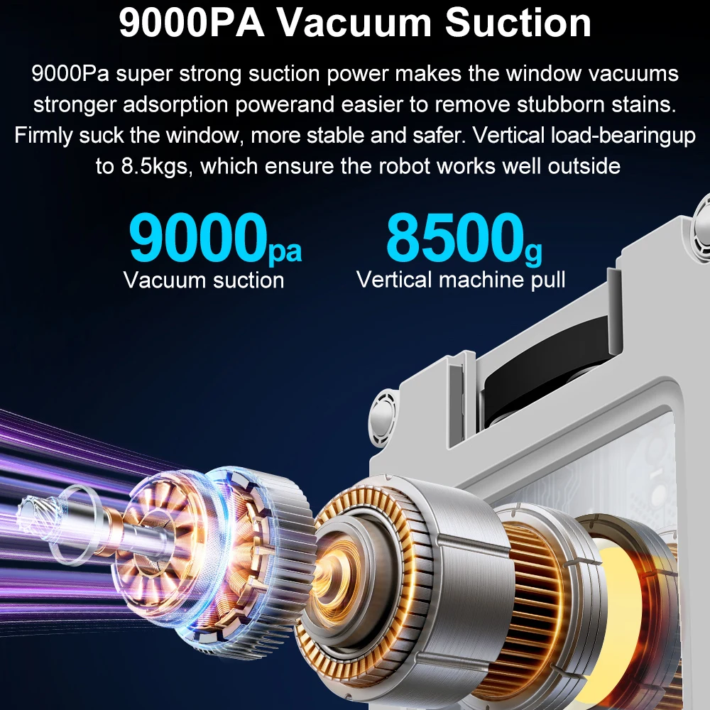 Robot Window Vacuum Cleaner ABIR WD9,4-Way Water Spray, Laser Sensor,9000PA Suction, Low Nosise,Wet Dry Scrape & Wipe