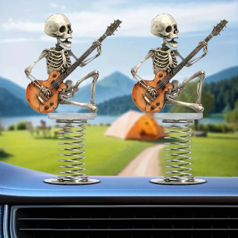 Rock Style Skull Guitar Car Ornaments Spring Swing Creative Decoration 2D Car Personalized Decoration Small Objects