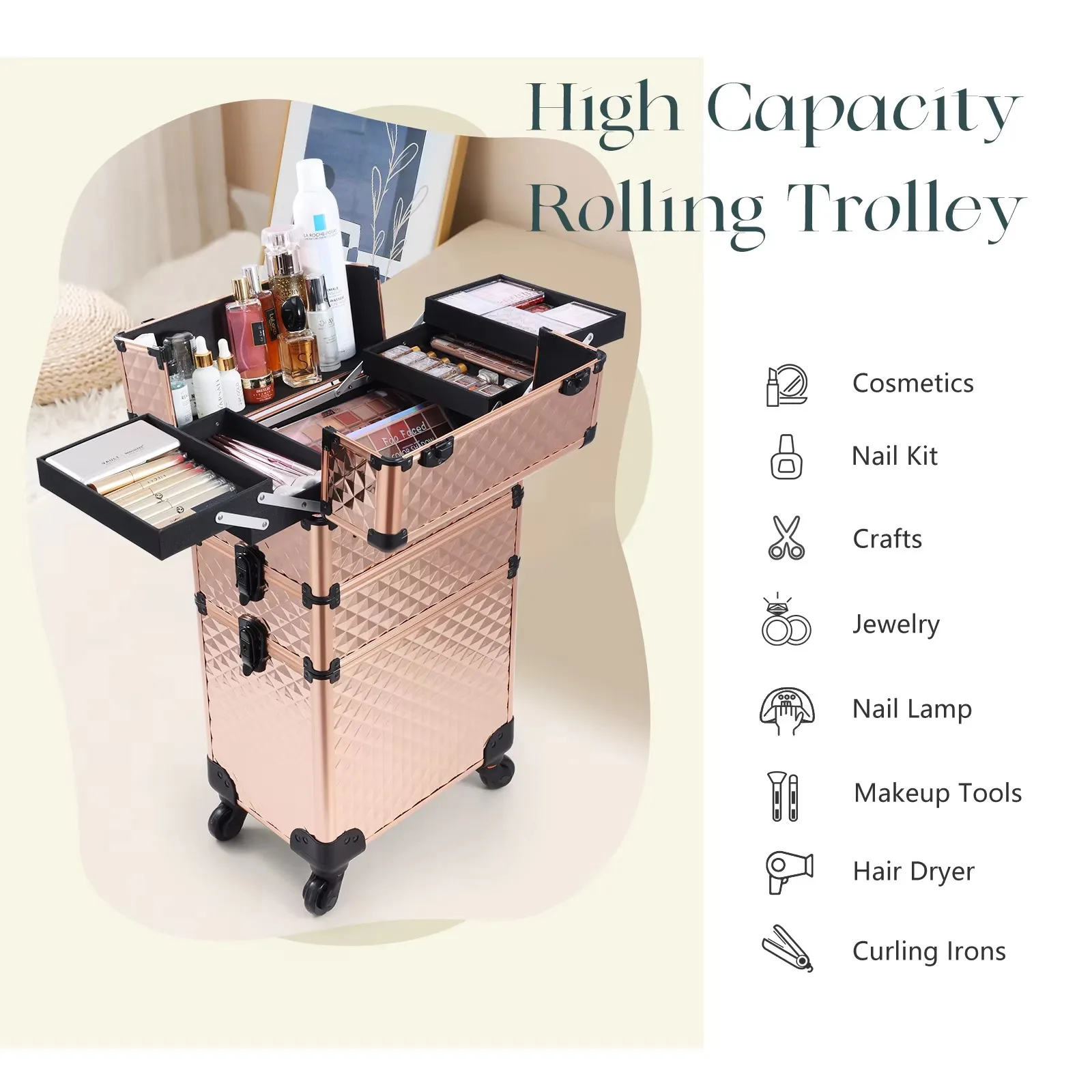 Rolling Makeup Case 3 In 1 Removable Make Up Case Cosmetology Case On Wheels Large Capacity Lockable Makeup Trolley For