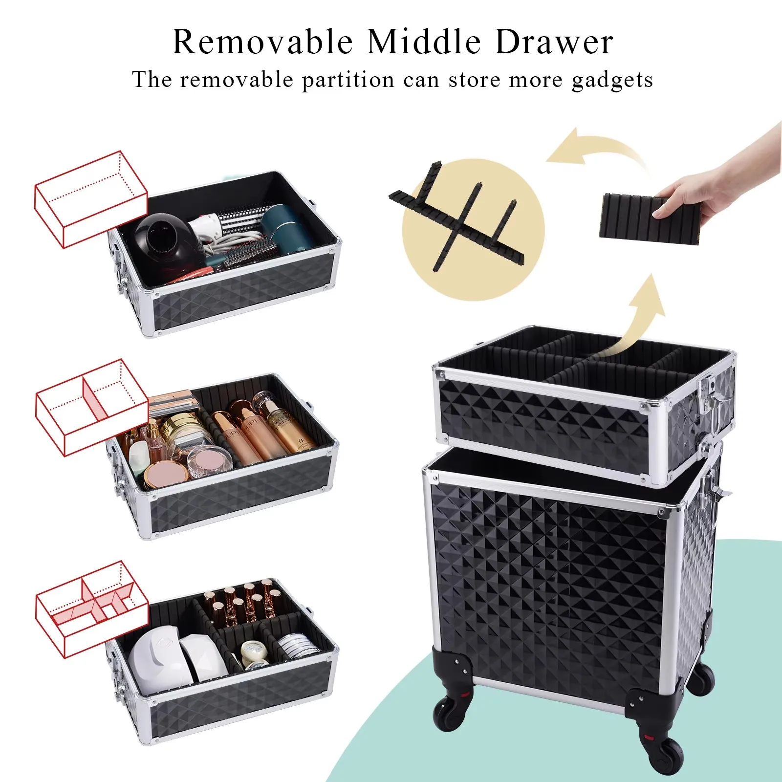 Rolling Makeup Case 3 In 1 Removable Make Up Case Cosmetology Case On Wheels Large Capacity Lockable Makeup Trolley For