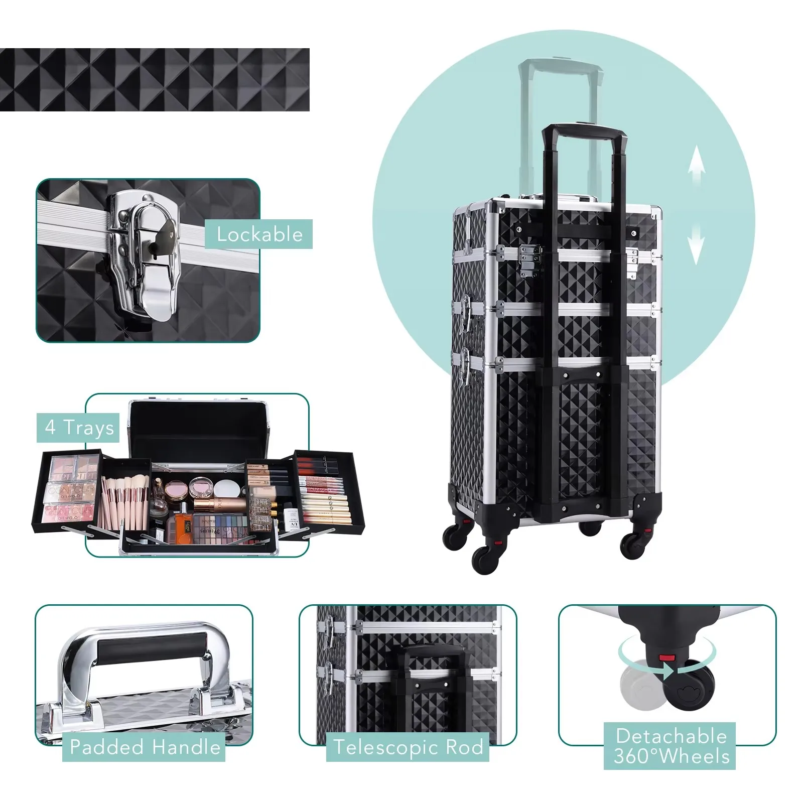 Rolling Makeup Case 3 In 1 Removable Make Up Case Cosmetology Case On Wheels Large Capacity Lockable Makeup Trolley For