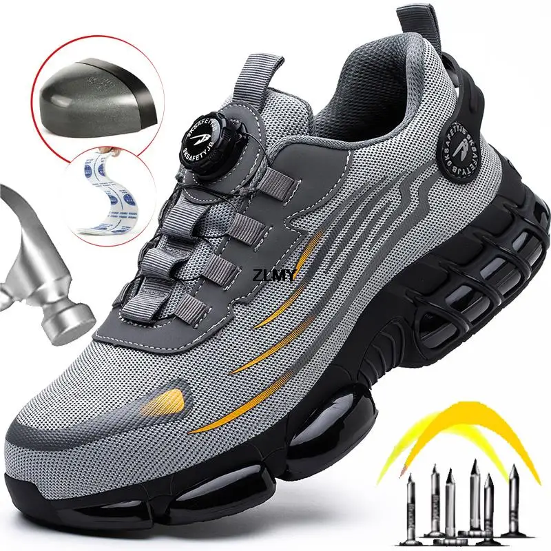 Rotary Button Safety Shoes Men Steel Toe Sneakers Puncture Proof Work Safety Boots Air Cushion Sport Work Shoes