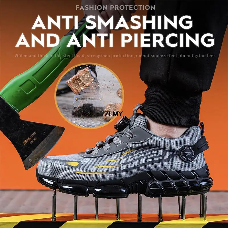 Rotary Button Safety Shoes Men Steel Toe Sneakers Puncture Proof Work Safety Boots Air Cushion Sport Work Shoes