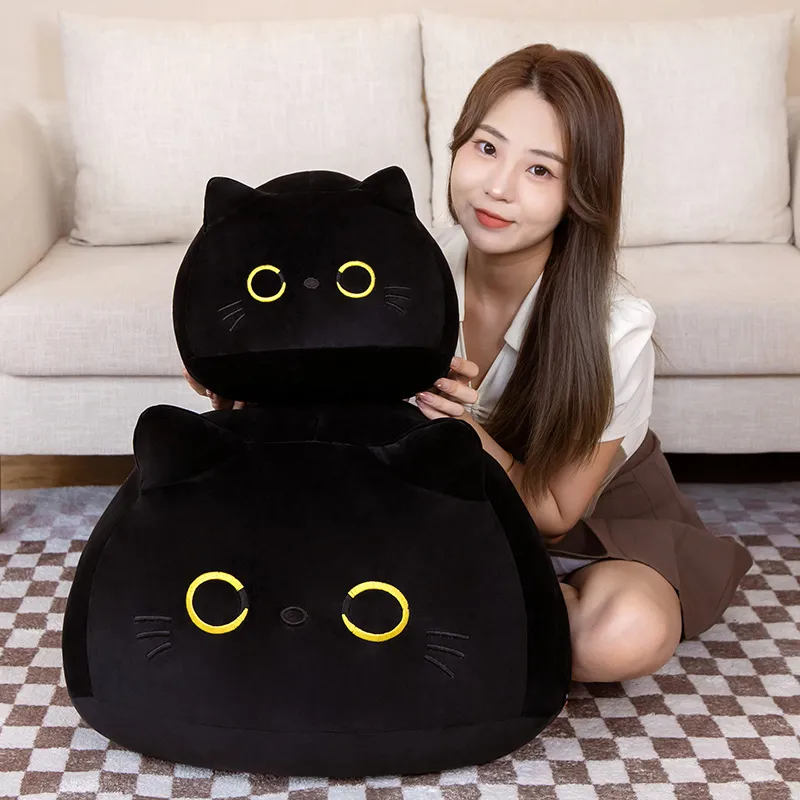 Round Ball Cat Plush Pillow Toys Soft Stuffed Cartoon Animal Doll Black Cats Nap Cushion Christmas Birthday Gift For