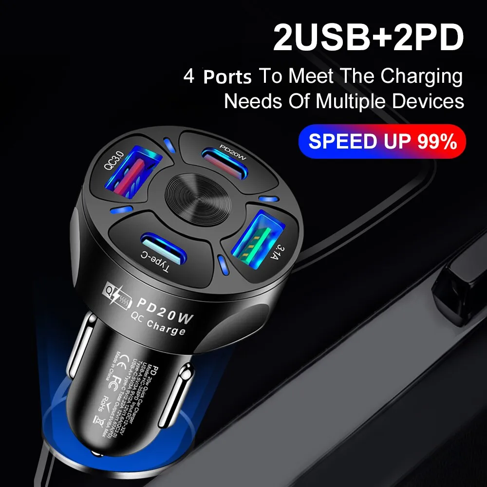 Round Dual USB Car Charger Fast Charging USB Type C Fast Charger PD QC3.0 For iPhone Samsung XiaomiPhone Adapter