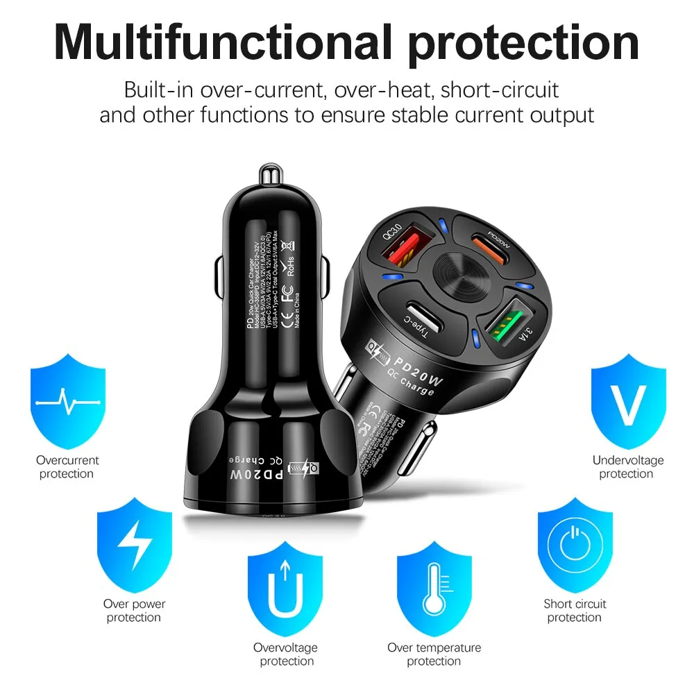 Round Dual USB Car Charger Fast Charging USB Type C Fast Charger PD QC3.0 For iPhone Samsung XiaomiPhone Adapter