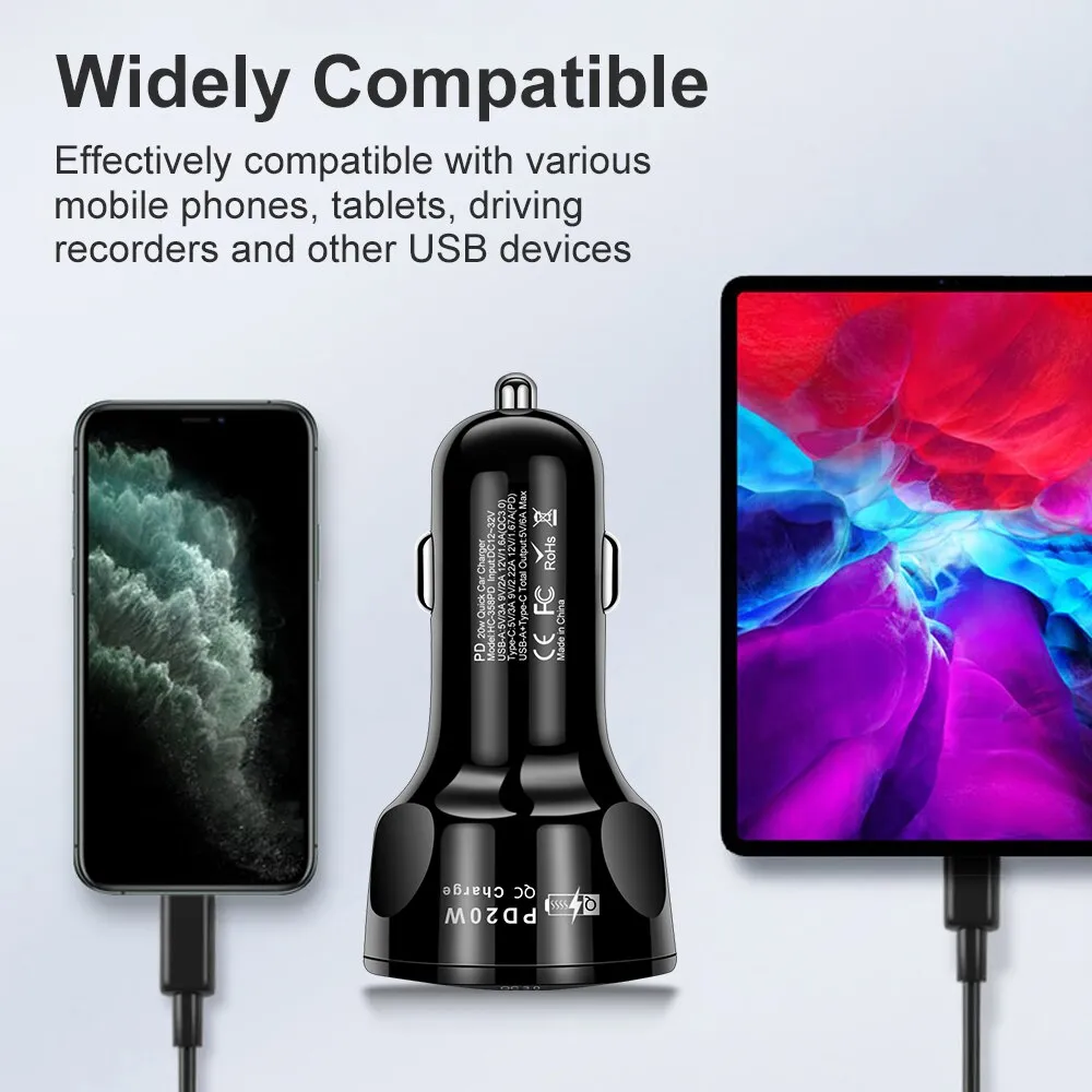 Round Dual USB Car Charger Fast Charging USB Type C Fast Charger PD QC3.0 For iPhone Samsung XiaomiPhone Adapter