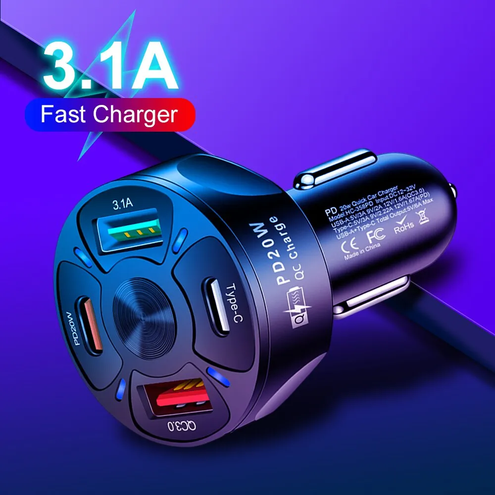 Round Dual USB Car Charger Fast Charging USB Type C Fast Charger PD QC3.0 For iPhone Samsung XiaomiPhone Adapter