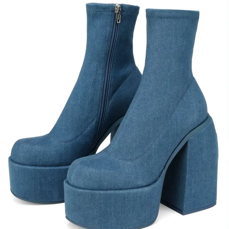 Round Toe Ladies Matin Boots Jeans Platform Chunky Heels Boots Round Toe Ladies Matin Boots Jeans Platform Chunky Heels Boots