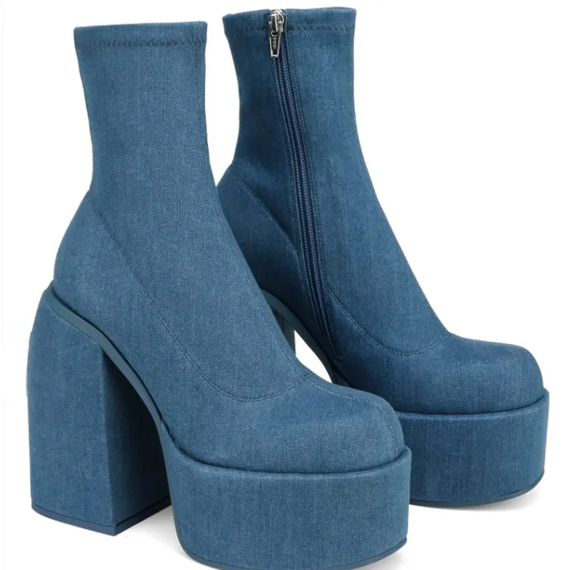 Round Toe Ladies Matin Boots Jeans Platform Chunky Heels Boots Round Toe Ladies Matin Boots Jeans Platform Chunky Heels Boots