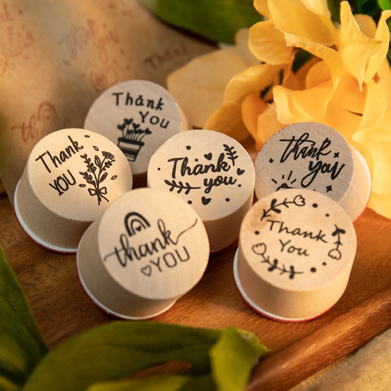 Round Wooden Thank You Rubber Stamps (6 pcs)
