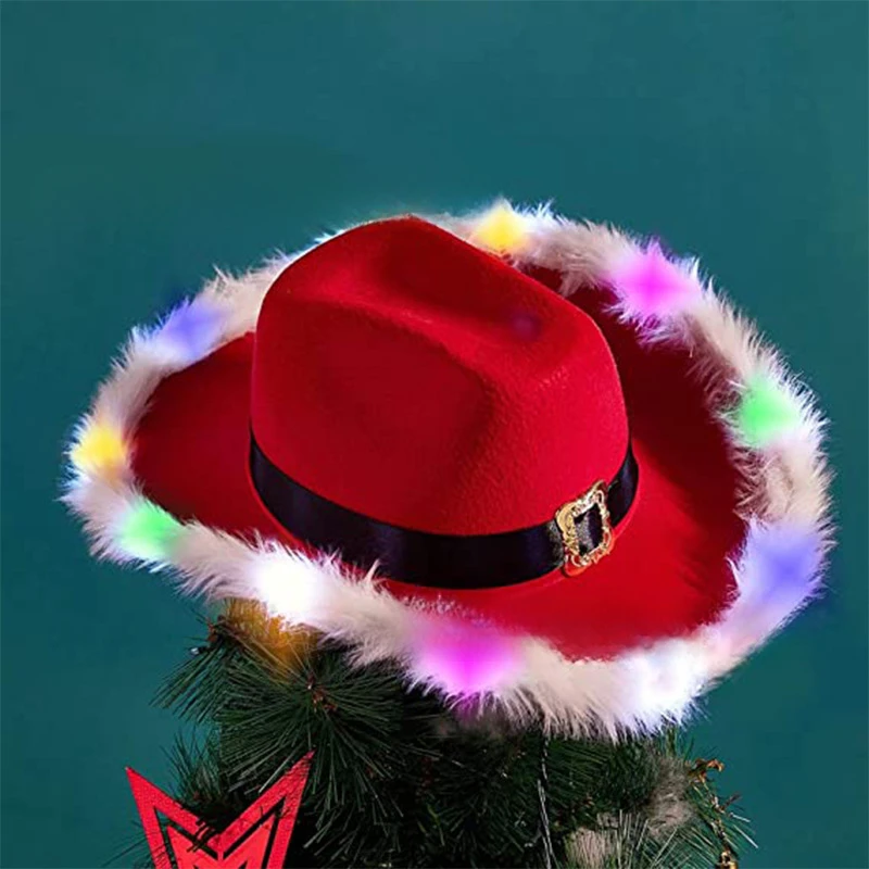 Santa Claus Cowboy Hat with Feather Edge And Lights