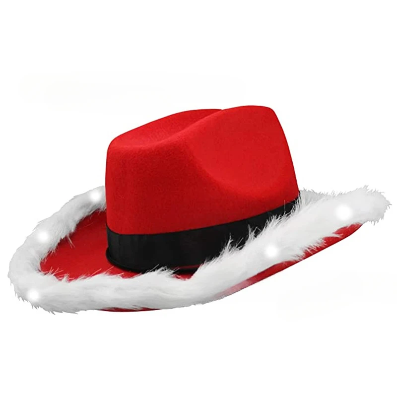 Santa Claus Cowboy Hat with Feather Edge And Lights Santa Claus Cowboy Hat with Feather Edge And Lights