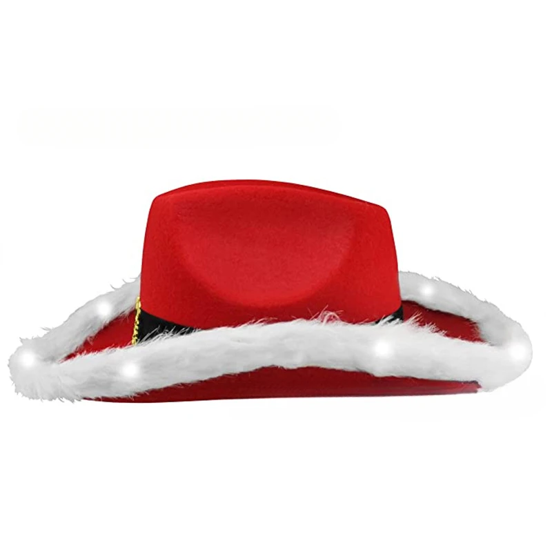 Santa Claus Cowboy Hat with Feather Edge And Lights Santa Claus Cowboy Hat with Feather Edge And Lights