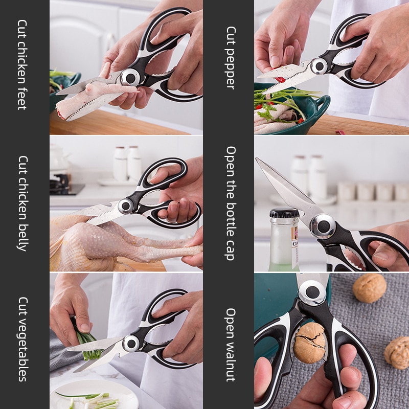 Scissors Stainless Steel Kitchen Household Bone Scissors Chicken Wings Fish Chopper Bottle Opener Clip Walnut Kitchen