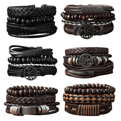 Set Of 3 Black Handmade Woven Pu Leather Bracelet for Men Multi Pack Fashion Vintage Braided Bangle As Birthday Gift