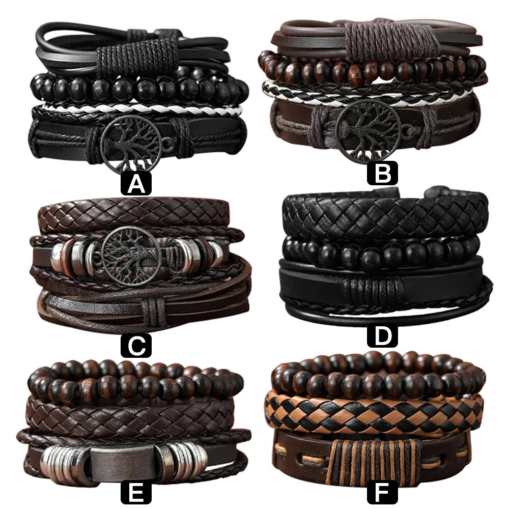 Set Of 3 Black Handmade Woven Pu Leather Bracelet for Men Multi Pack Fashion Vintage Braided Bangle As Birthday Gift