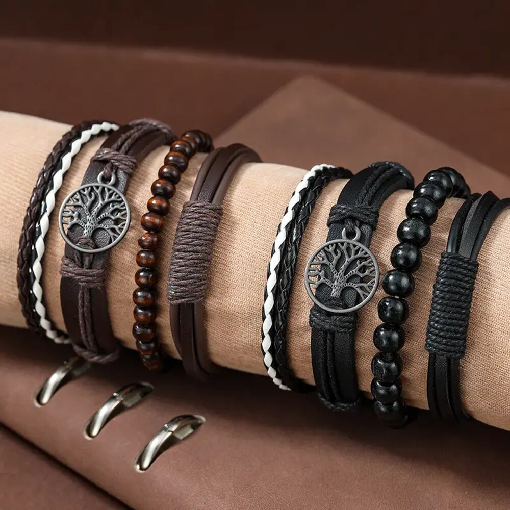 Set Of 3 Black Handmade Woven Pu Leather Bracelet for Men Multi Pack Fashion Vintage Braided Bangle As Birthday Gift