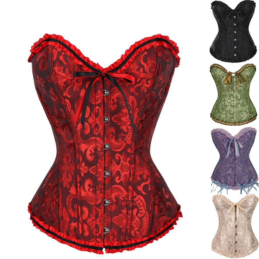 Sexy Corsets Bustiers Floral Lace Tops For Women Flower Print Vintage Corset Gothic Satin Lingerie Corselet Overbust