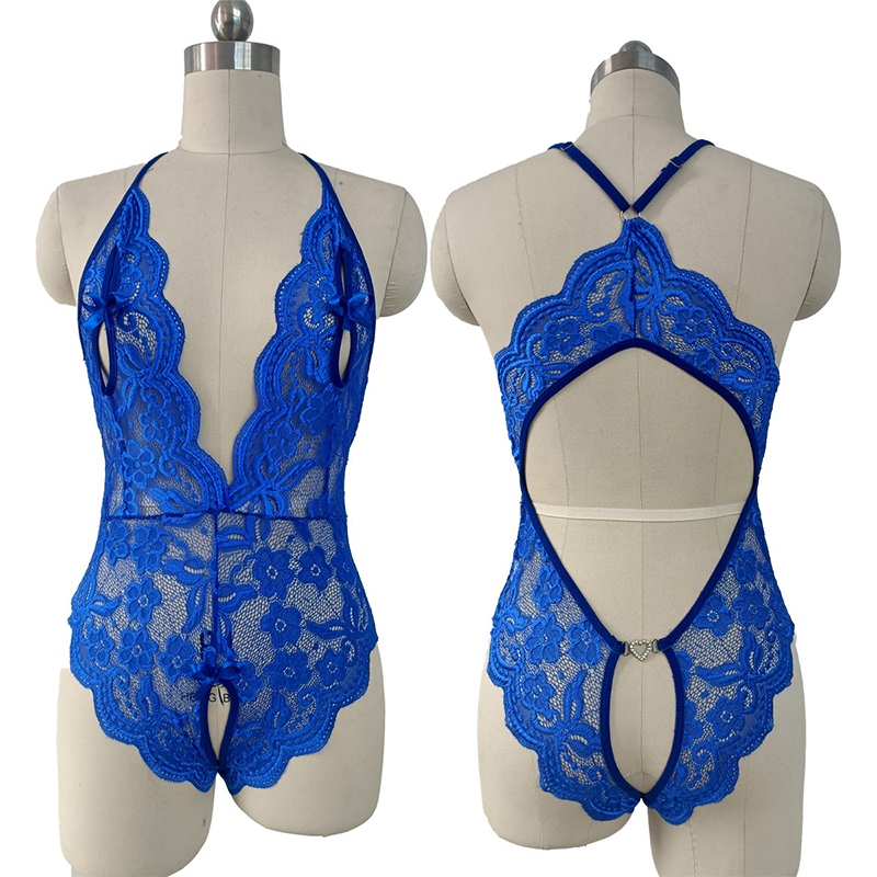 Sexy Crotchless Blue Lingerie Women Lace Hollow Bodysuit Erotic Pajamas Teddy Babydoll Dress Deep V Open Bra