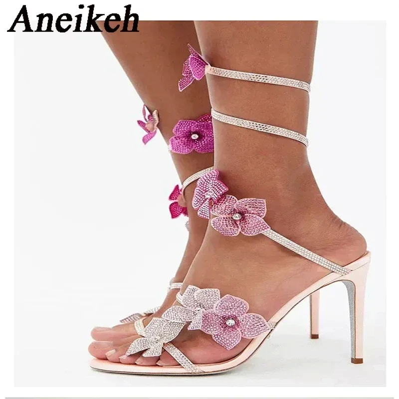 Sexy Crystal Flower Narrow Band Ankle Strap Sandals Woman Thin High Heels Street Style Pole Dancing Ladies Shoes