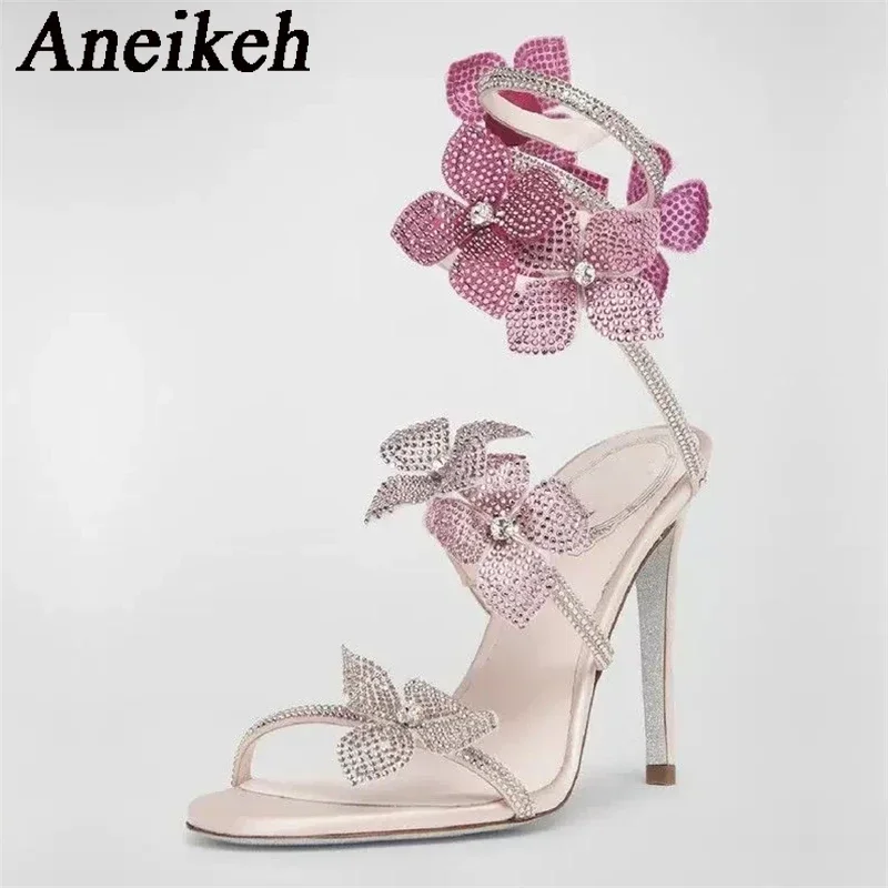 Sexy Crystal Flower Narrow Band Ankle Strap Sandals Woman Thin High Heels Street Style Pole Dancing Ladies Shoes