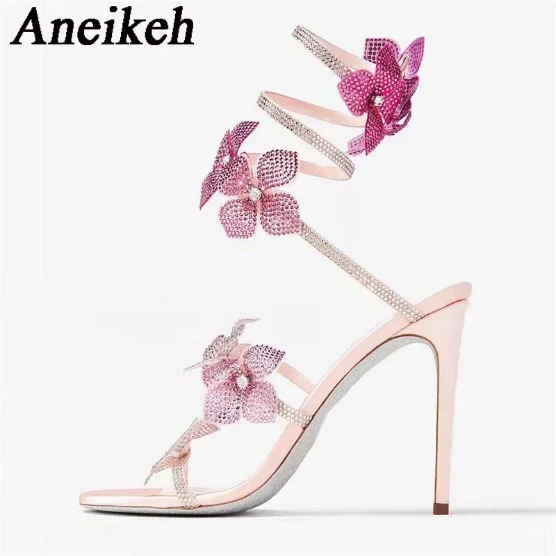 Sexy Crystal Flower Narrow Band Ankle Strap Sandals Woman Thin High Heels Street Style Pole Dancing Ladies Shoes